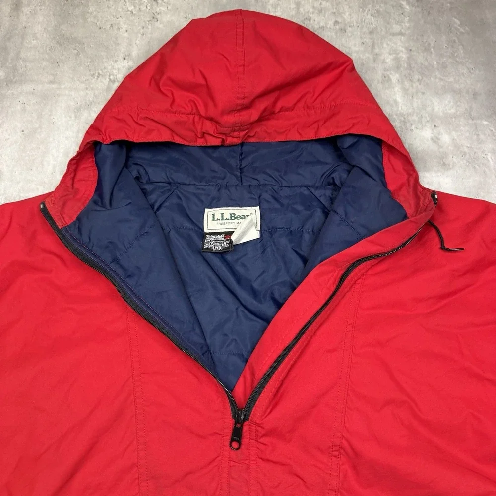 Vintage 90s LL Bean Jacket Mens Large Pullover Hooded Anorak Made In USA Red